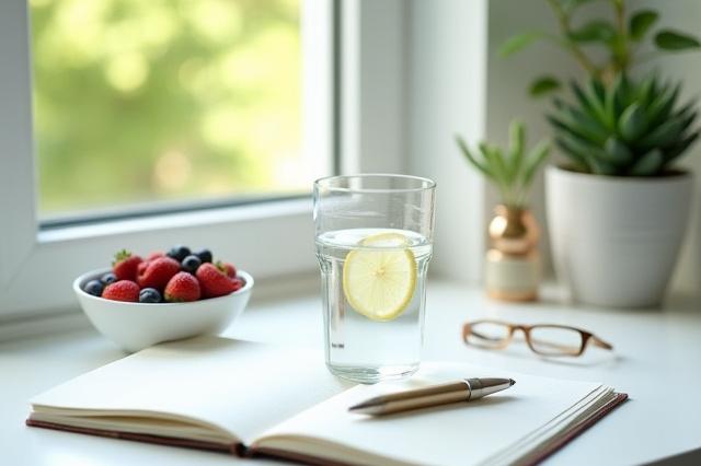 A brightly lit kitchen counter with fresh fruits, a glass of water, and a journal, symbolizing healthy lifestyle upgrades.