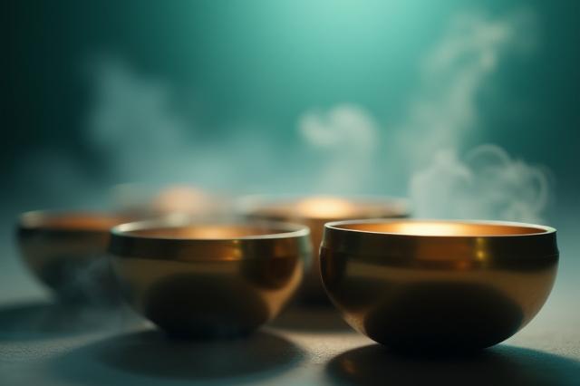 A close-up of singing bowls surrounded by soft, flowing light, representing sound therapy.