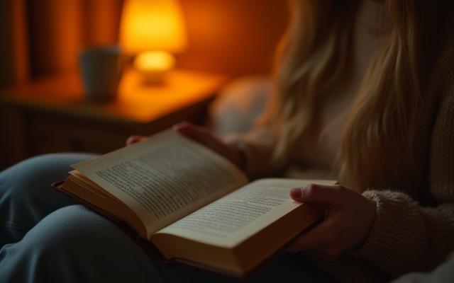 A person peacefully reading a physical book under soft lamplight, with a warm herbal tea next to them, signifying the 'Digital Sunset' ritual before bed.