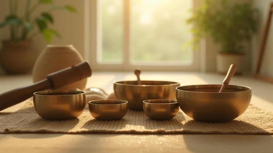 A serene virtual sound bath setup with crystal bowls, gongs, and soft lighting