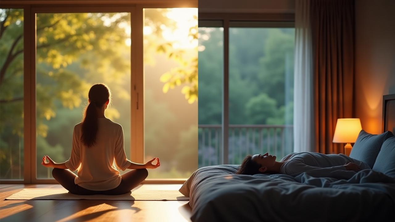 Split image showing a serene daytime focus with gentle sunlight and a peaceful bedroom at night with soft, warm light.