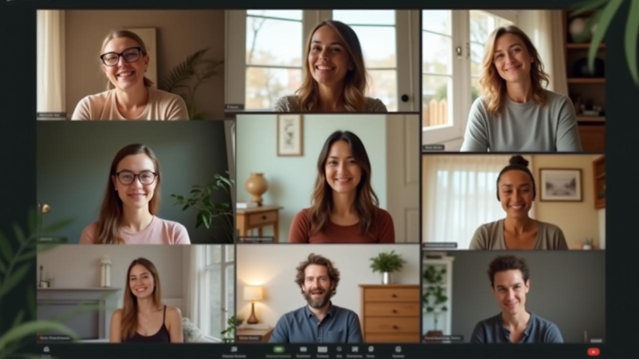 Diverse group of adults engaged in a virtual wellness workshop, smiling and interacting