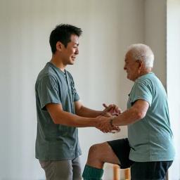 Physical Therapist John Cho guiding an older adult through gentle mobility exercises